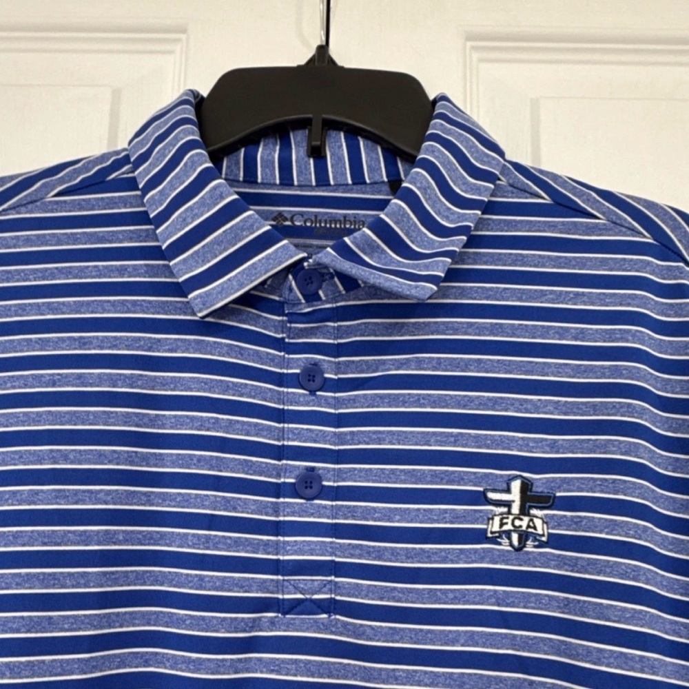 Columbia Golf‎ Blue Striped Polo Shirt Men's XL Short Sleeve Logo FCA Logo